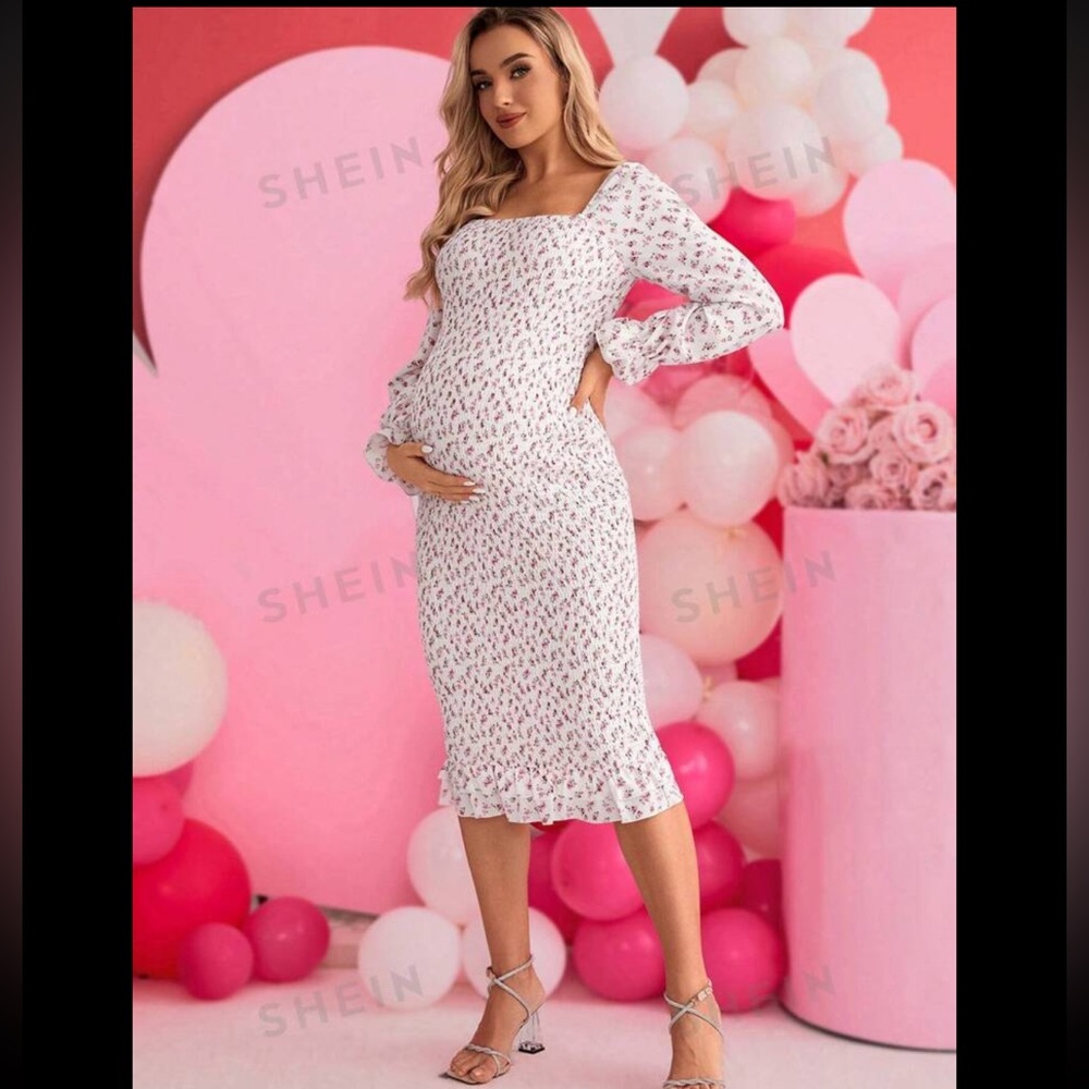 MIDI floral maternity shirred dress long sleeve small
